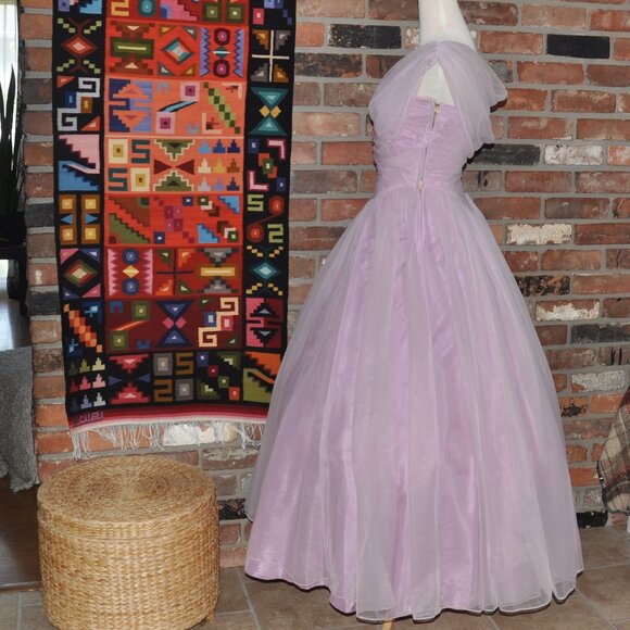 Vintage 50s Pink Ruched Tulle Layer Crinoline Grad Prom Gown Dress XS Waist 24" - Picture 4 of 13